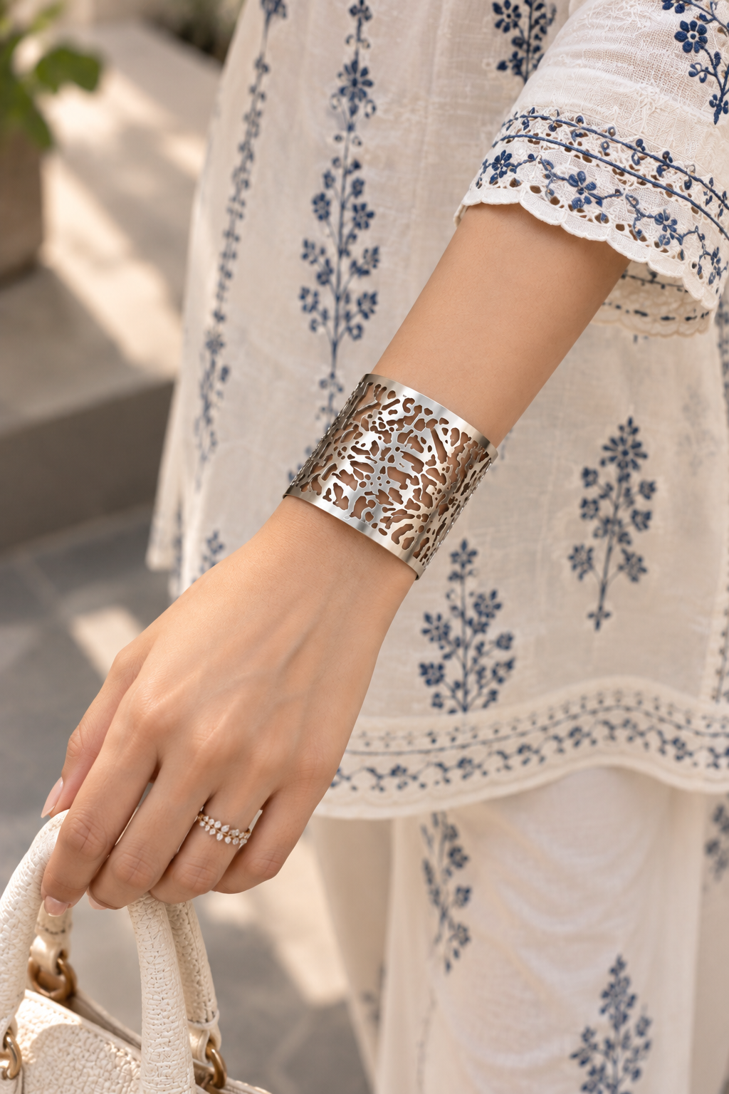 Silver Cutout Cuff Bracelet | Adjustable Oxidised Jewellery for Women