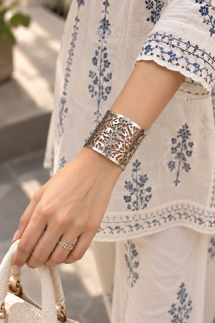 Silver Cutout Cuff Bracelet | Adjustable Oxidised Jewellery for Women