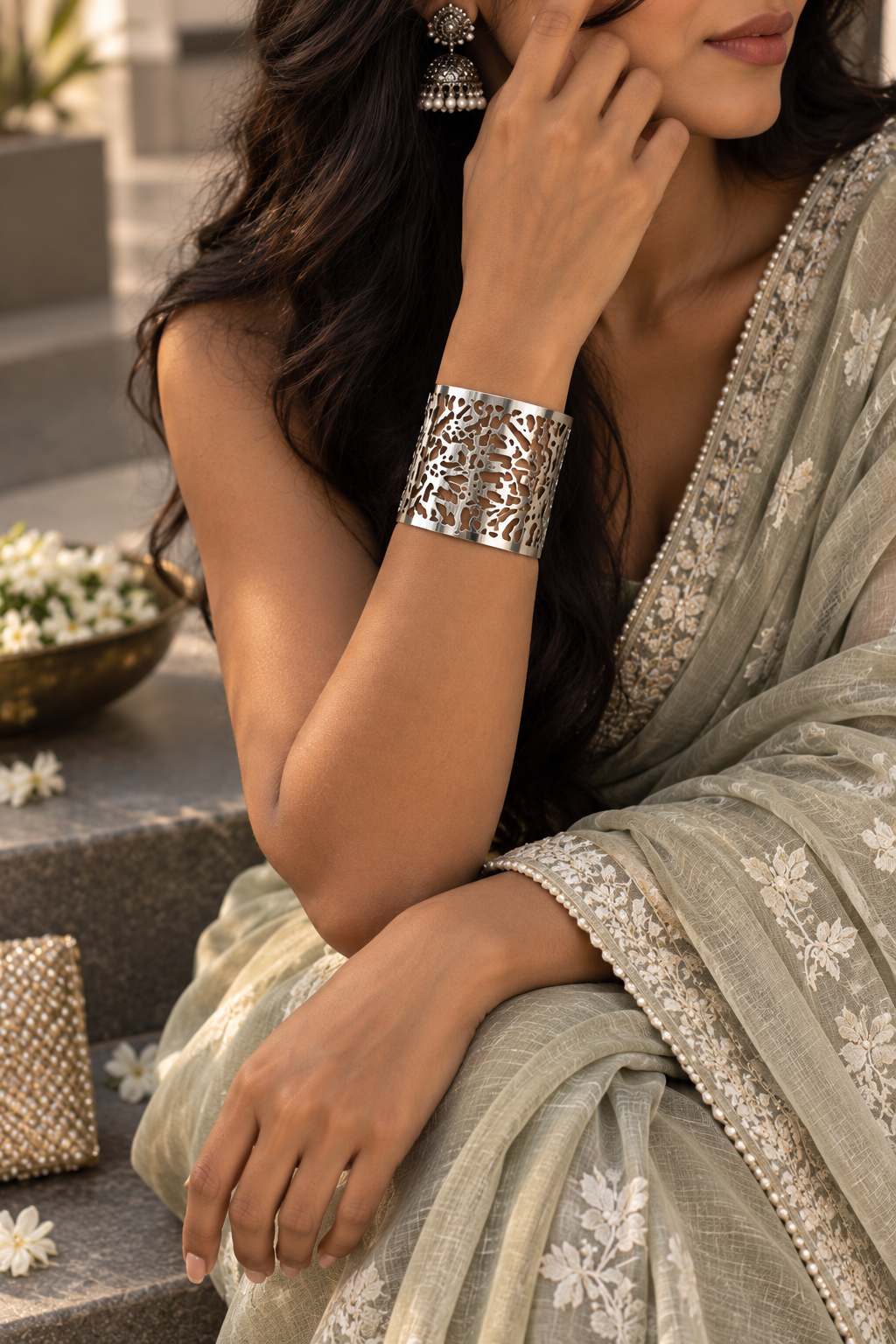 Silver Cutout Cuff Bracelet | Adjustable Oxidised Jewellery for Women