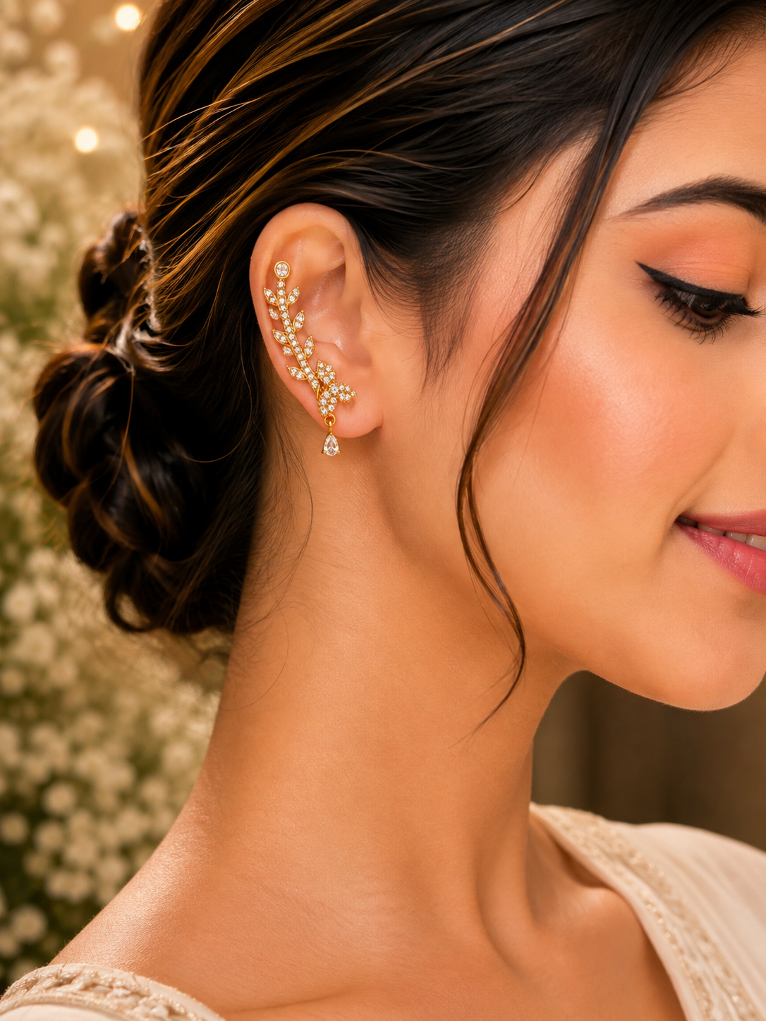 Ear Cuffs:  Gold-Plated Contemporary American Diamond Lightweight Ear Cuffs for Women & Girls