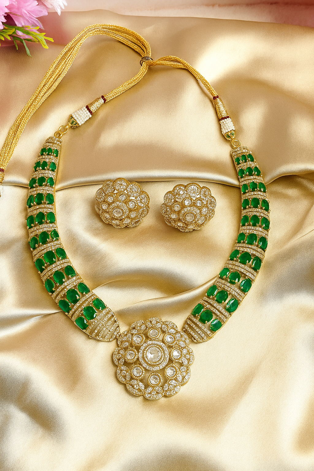 Emerald Green American Diamond Necklace Set