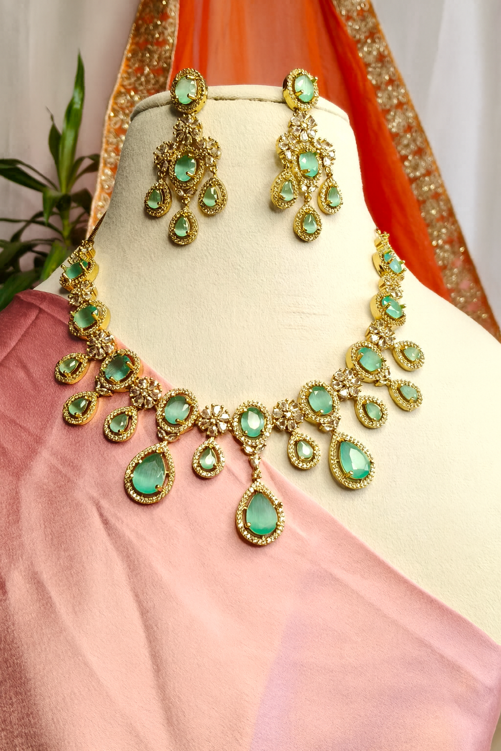 American Diamond Blush Mint Green Necklace Set