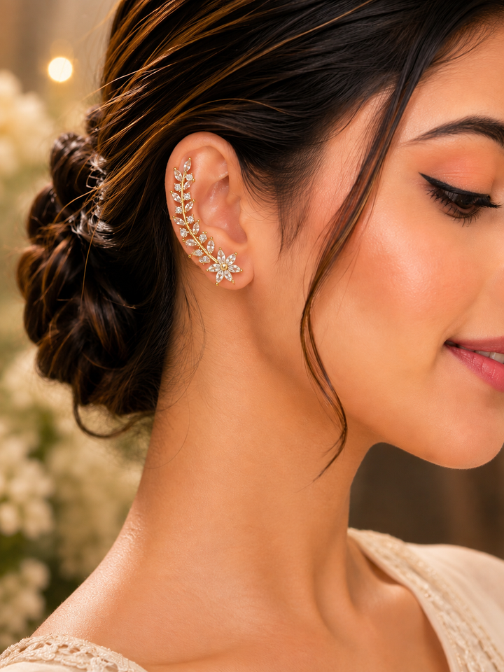 Ear Cuffs:  Gold-Plated Contemporary American Diamond Lightweight Ear Cuffs for Women & Girls