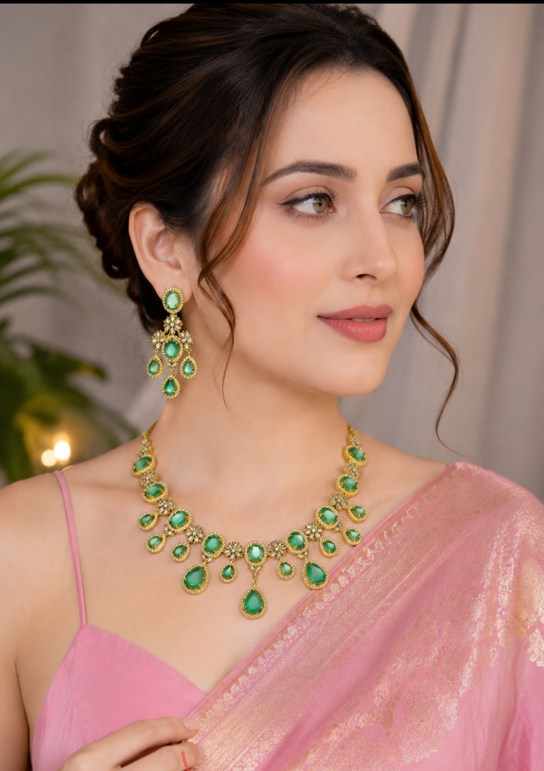 American Diamond Blush Mint Green Necklace Set