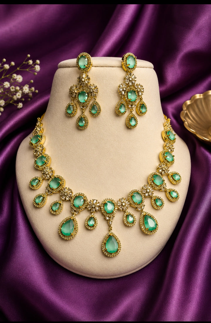 American Diamond Blush Mint Green Necklace Set