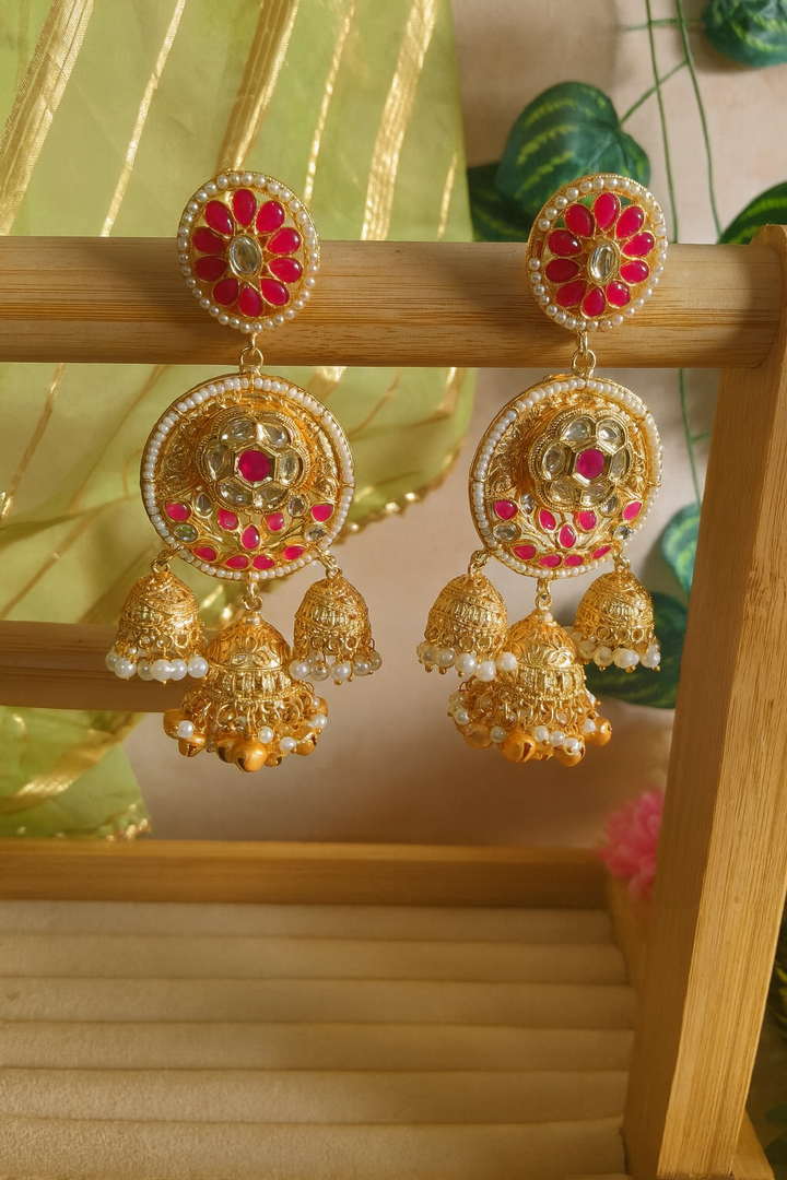 Brass Meena & Kundan Touch Jhumkas