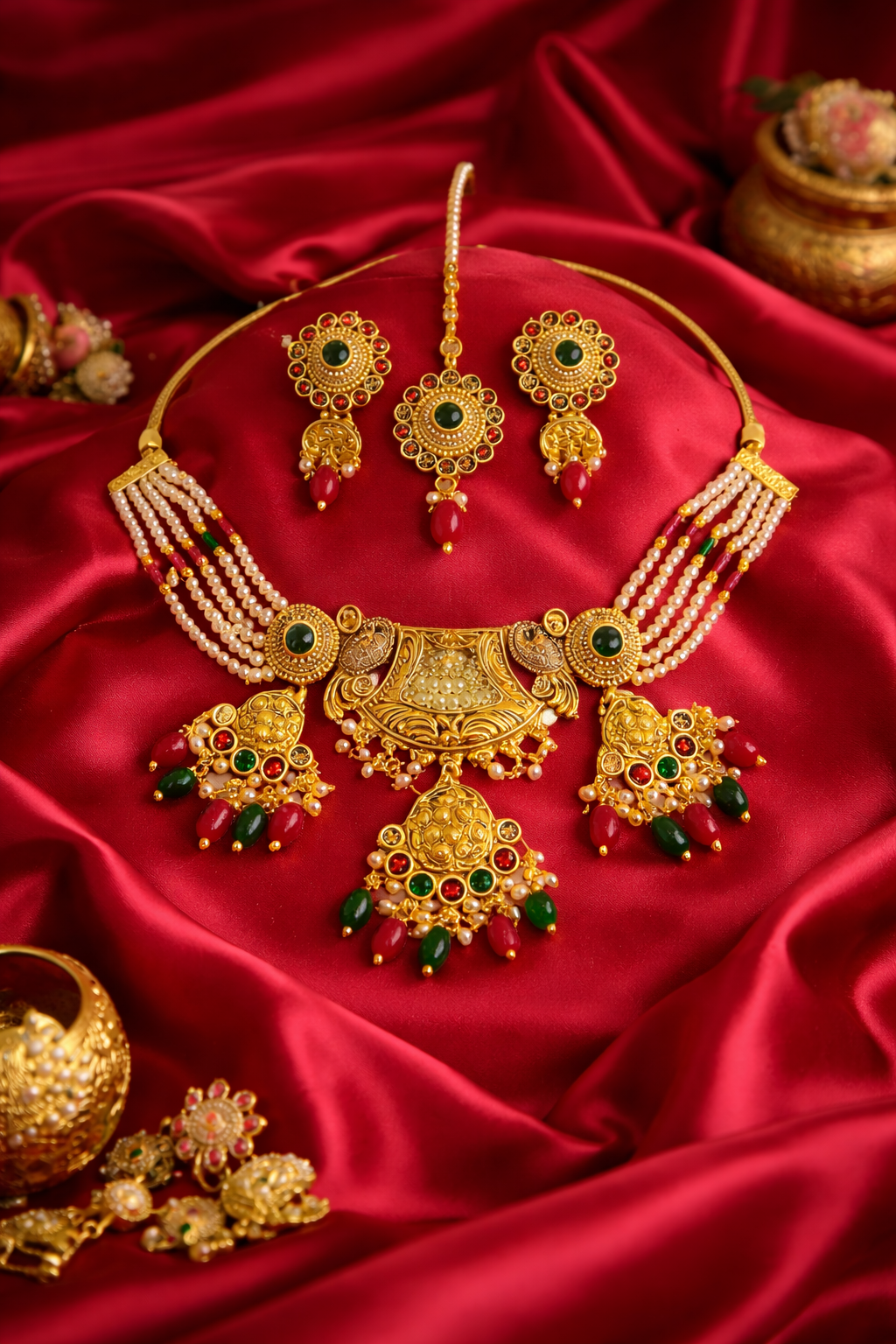 Brass Emerald–Ruby Pearl Choker