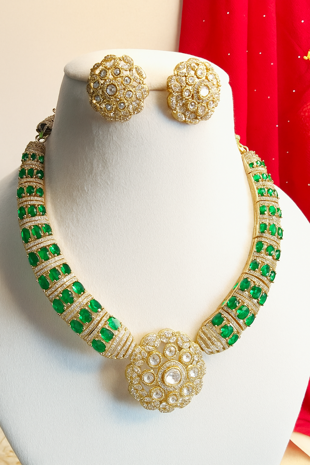 Emerald Green American Diamond Necklace Set