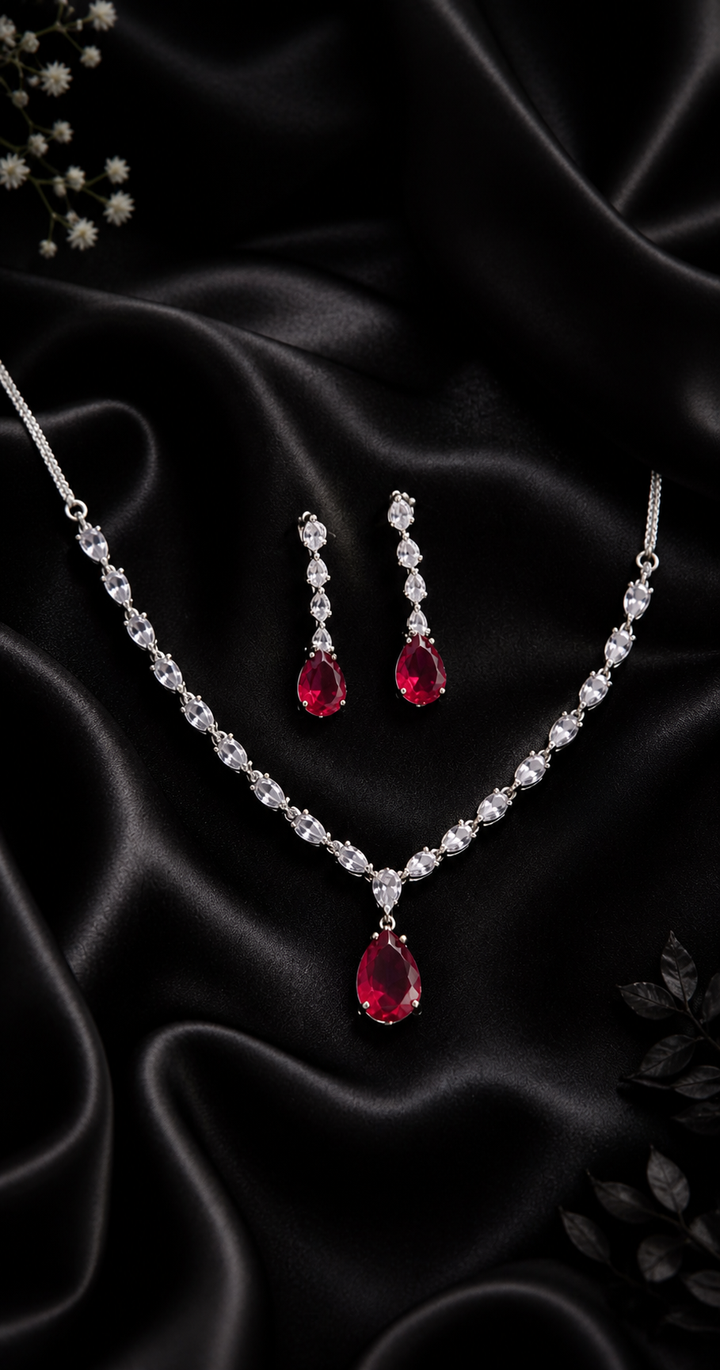 Delicate American Diamond Single-Layer Set with Pink Stone