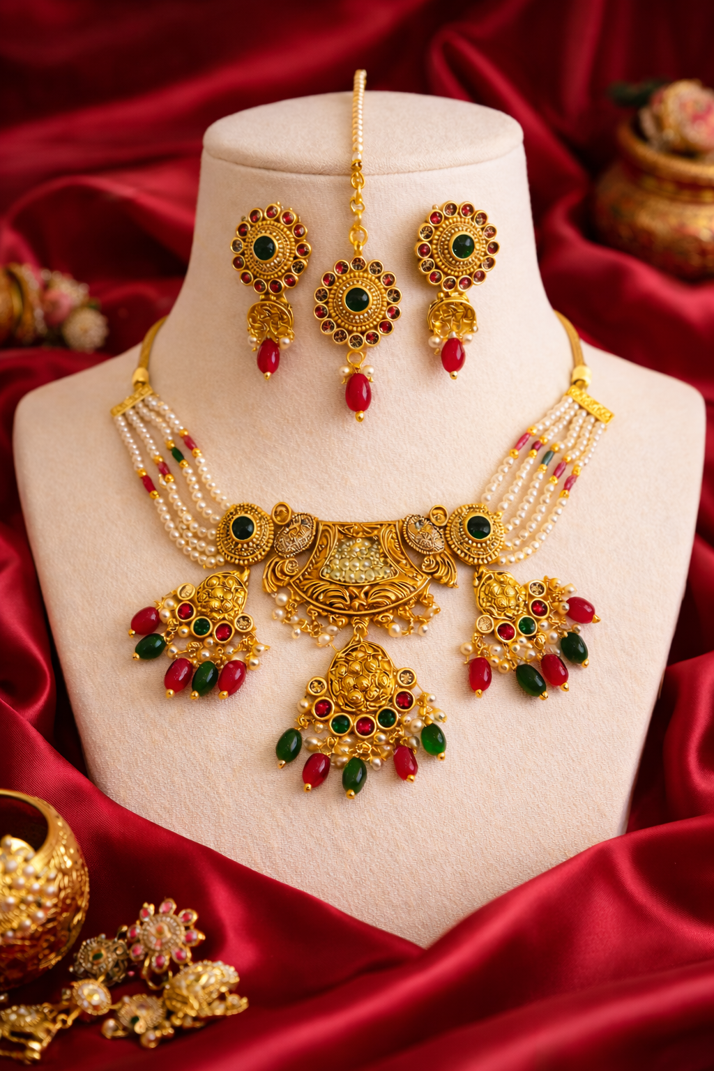 Brass Emerald–Ruby Pearl Choker