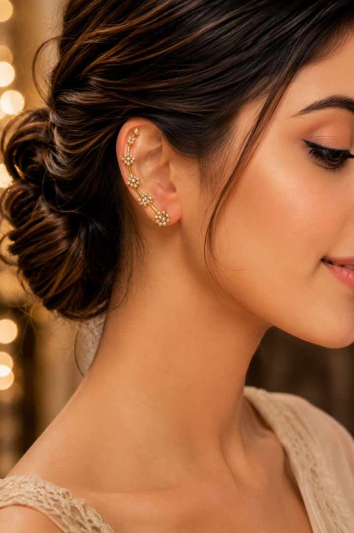 Ear Cuffs:  Gold-Plated Contemporary American Diamond Lightweight Ear Cuffs for Women & Girls
